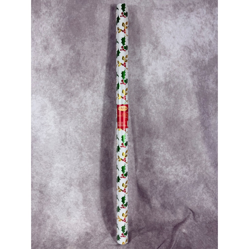 Vtg Y2K Christmas Gift Wrapping Paper Holly Berries Gold Metallic 25 Sq Ft NEW